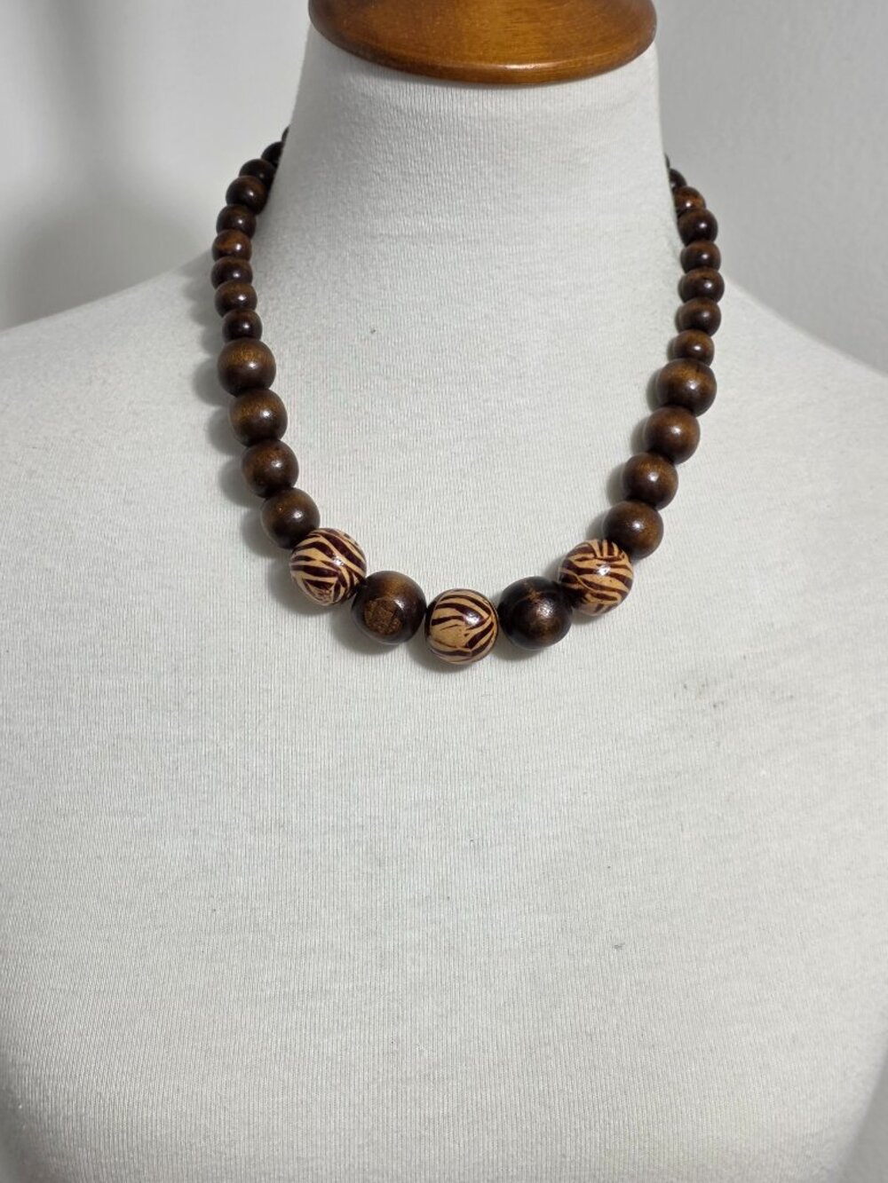 Vintage Chunky Beaded Necklace Dark Brown Wood Beads & Smaller Zebra Print Beads